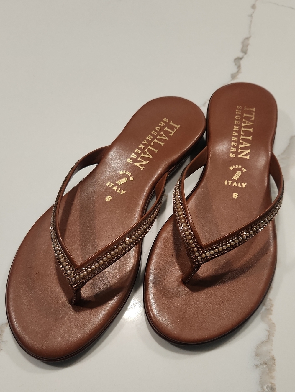 Italian Shoemakers Brown Crystal-Trim Flip Flop Sandals